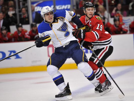 Jonathan Toews reminding Alexander Steen that he may win this series, but still lives in St. Louis. (USA Today Sports)